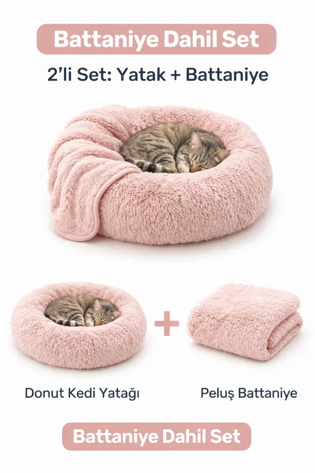 Donut Kedi Yatağı 2’li Set Battaniyeli Peluş Kedi Köpek Yatağı 50 60 70 cm